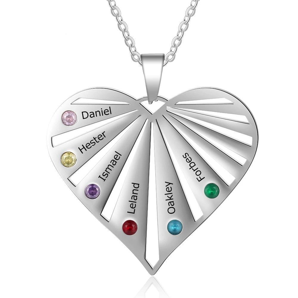 Personalized Women’s Stainless Steel Family Pendant Necklace with 6 Birthstones, Customized Heart Shaped Name Necklaces, Classic Jewelry Gift for Mom-Customized Jewel