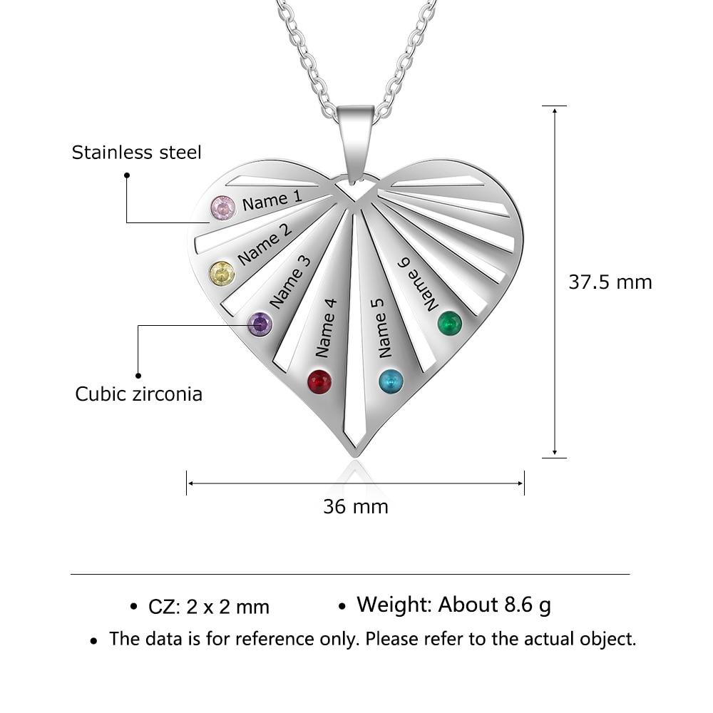 Personalized Women’s Stainless Steel Family Pendant Necklace with 6 Birthstones, Customized Heart Shaped Name Necklaces, Classic Jewelry Gift for Mom-Customized Jewel