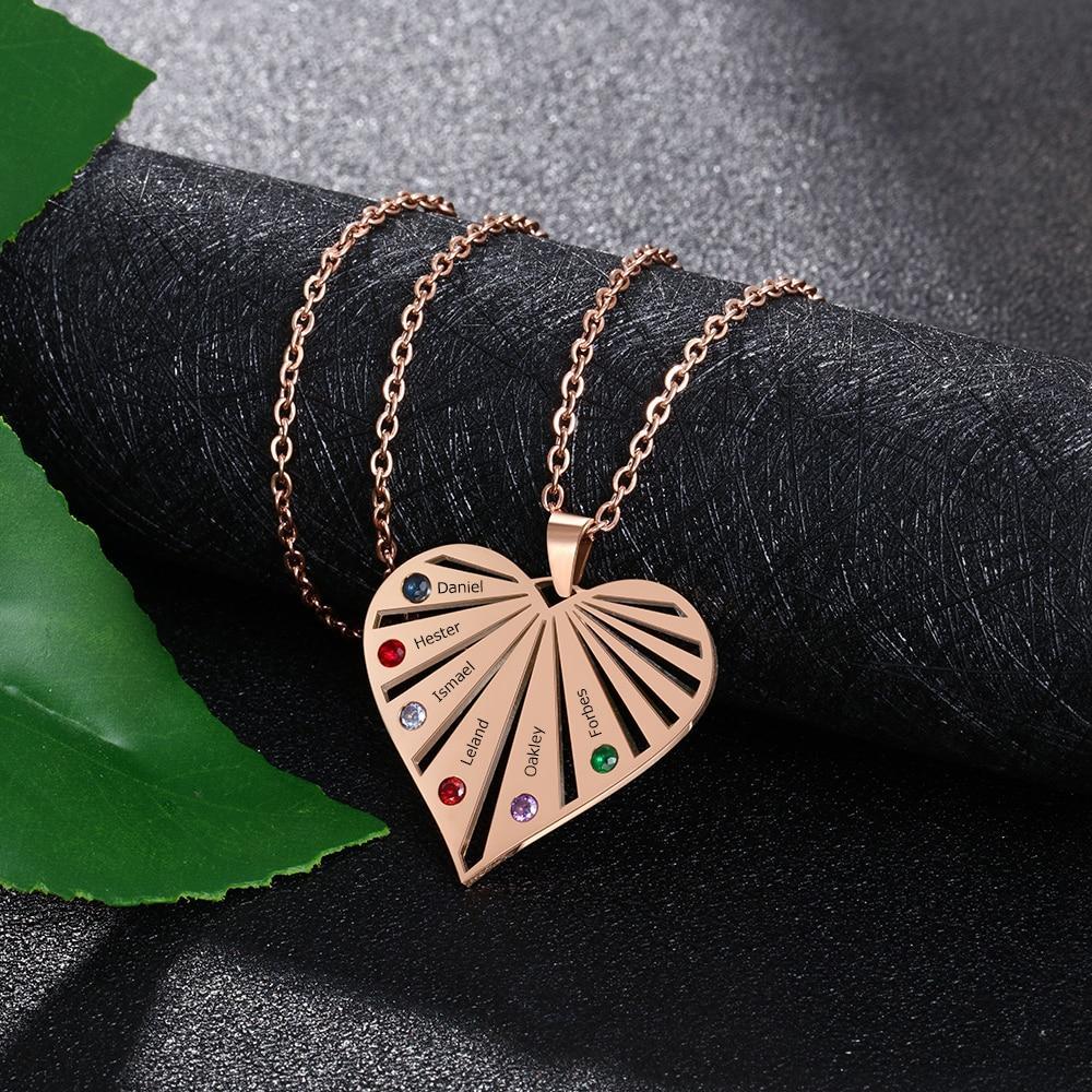 Personalized Women’s Stainless Steel Family Pendant Necklace with 6 Birthstones, Customized Heart Shaped Name Necklaces, Classic Jewelry Gift for Mom-Customized Jewel
