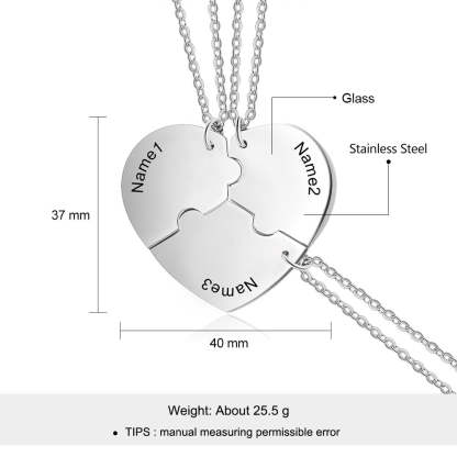 Personalized Stainless Steel Engraved Name Necklace Customized BFF Best Friends Necklace Set 3 Pieces Heart Necklace-Customized Jewel