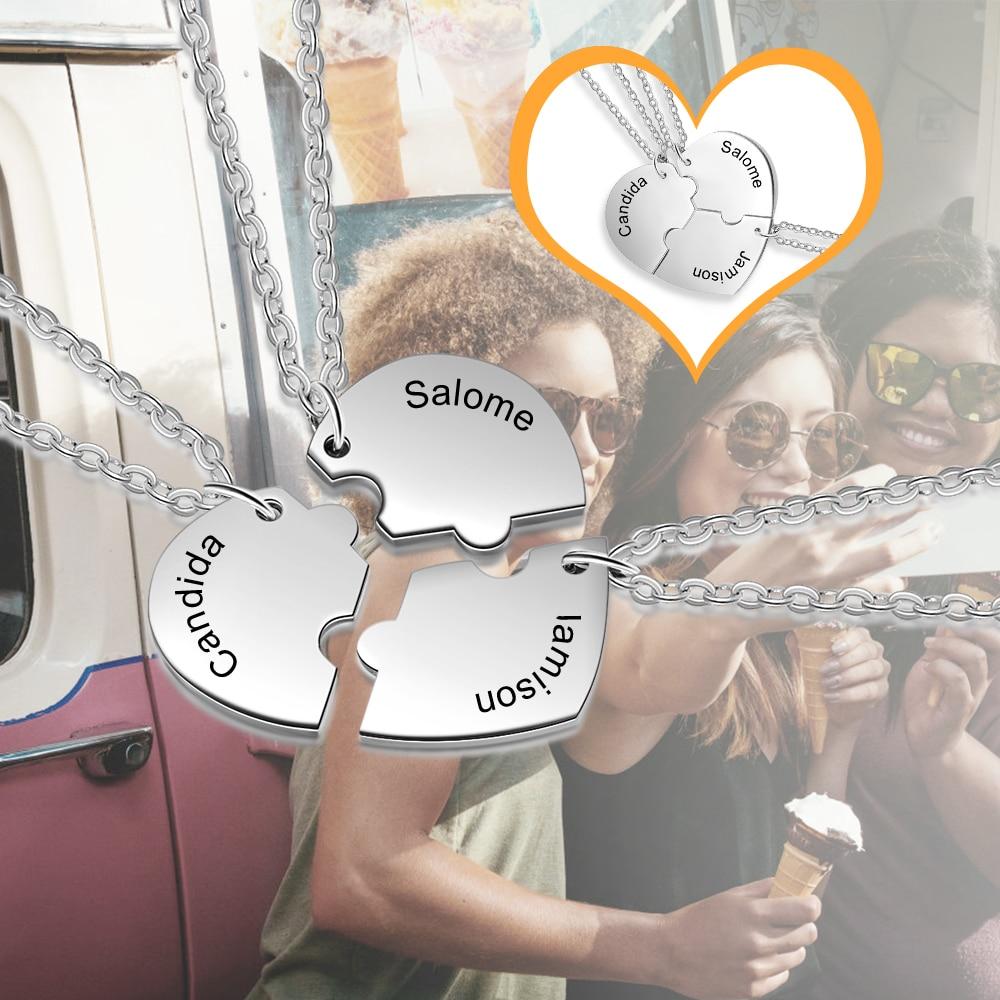 Personalized Stainless Steel Engraved Name Necklace Customized BFF Best Friends Necklace Set 3 Pieces Heart Necklace-Customized Jewel