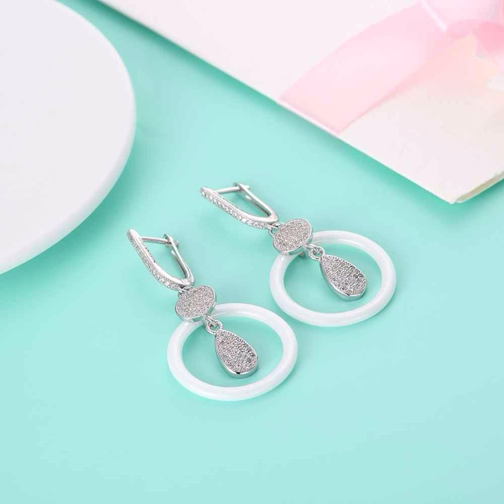 925 Sterling Silver White Ceramic Round Drop Earring, Water Droplet Style Dangle Jewelry for Women, Gift for Her-Customized Jewel