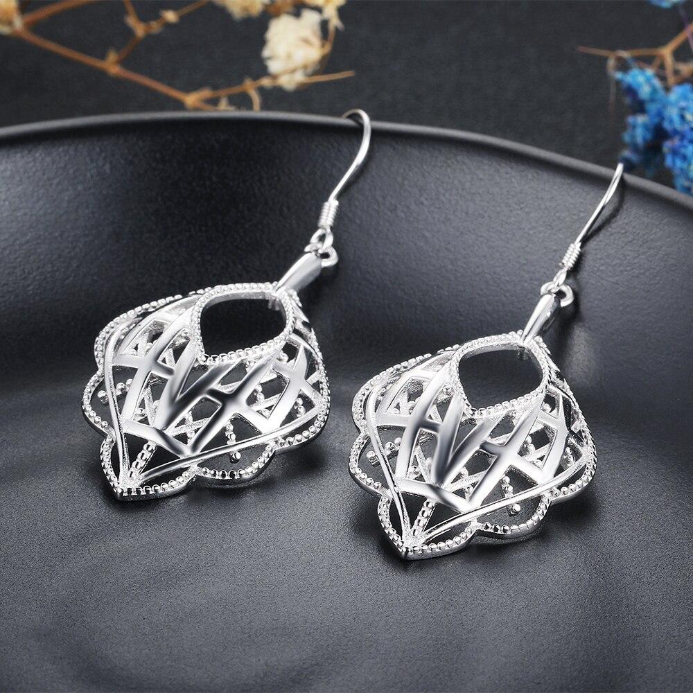 Romantic Style 925 Sterling Silver Geometric Pattern Hollow Drop Earrings, Party Jewelry Hook Ear Piece for Women-Customized Jewel