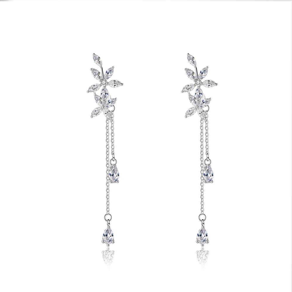 Trendy Flower Pattern with Long Tassels Drop Earrings for Women, Rhodium Plated Silver, Fashion Jewelry Gift-Customized Jewel