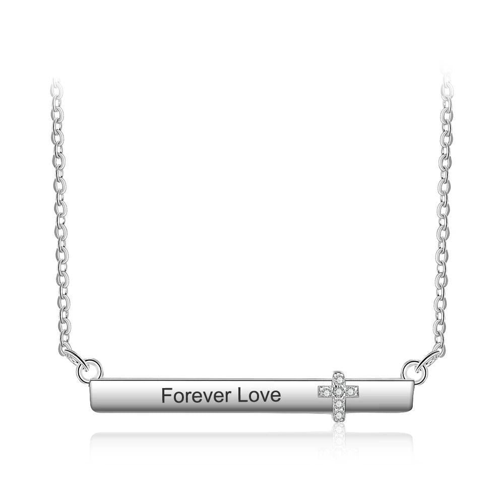 Personalized Women’s Silver Name Necklace with Strip Shape Pendant & Cross CZ Stone, Trendy Customizable Jewelry for Girls-Customized Jewel