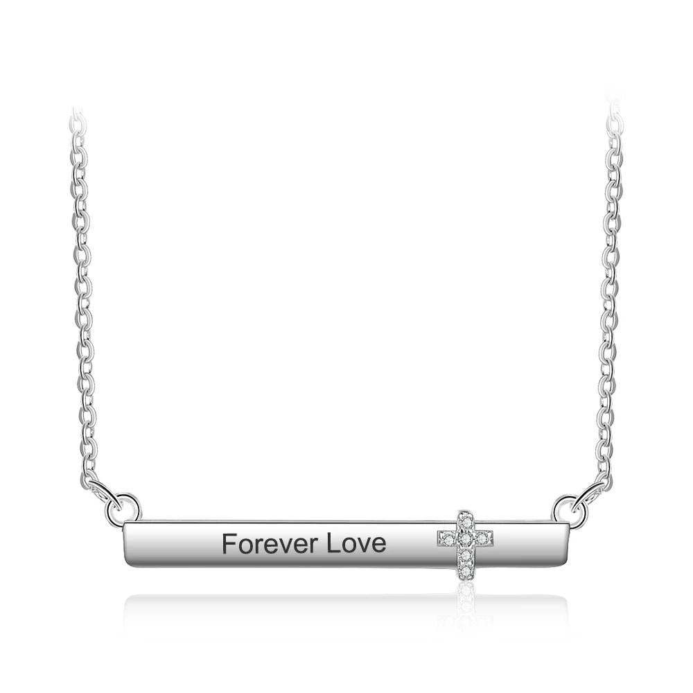 Personalized Women’s Silver Name Necklace with Strip Shape Pendant & Cross CZ Stone, Trendy Customizable Jewelry for Girls-Customized Jewel
