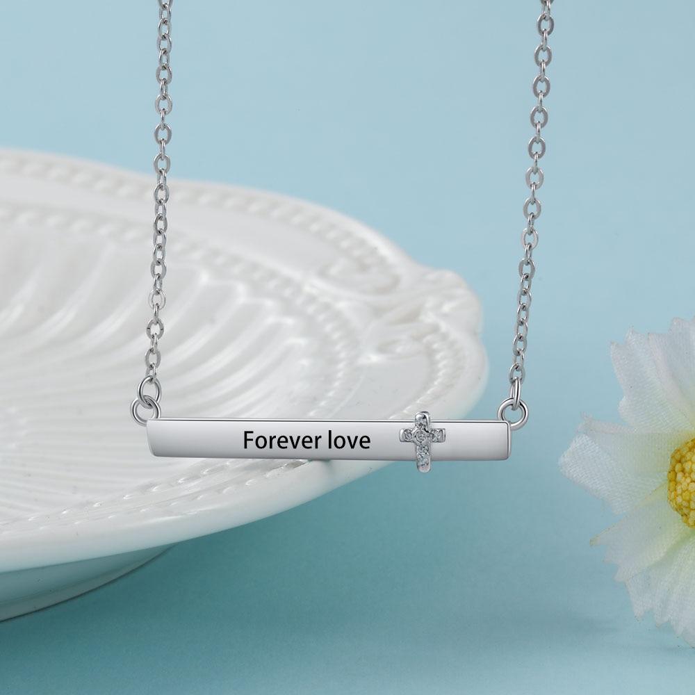Personalized Women’s Silver Name Necklace with Strip Shape Pendant & Cross CZ Stone, Trendy Customizable Jewelry for Girls-Customized Jewel