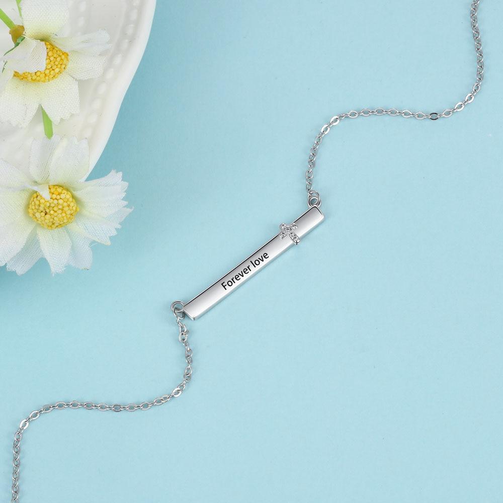 Personalized Women’s Silver Name Necklace with Strip Shape Pendant & Cross CZ Stone, Trendy Customizable Jewelry for Girls-Customized Jewel