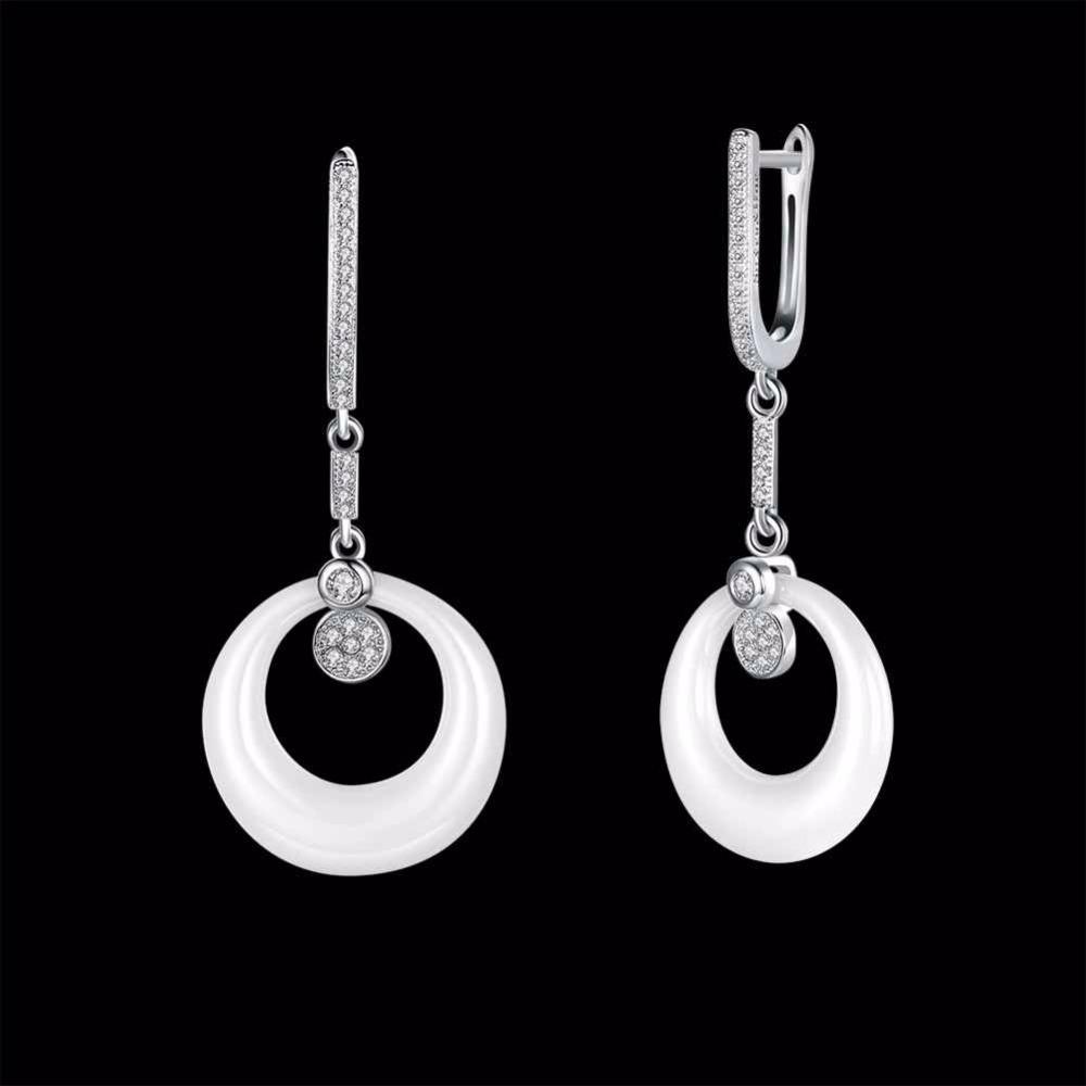 Sterling Silver Drop Earrings White Round Ceramic with Cubic Zirconia Dangle Drop Earring-Customized Jewel