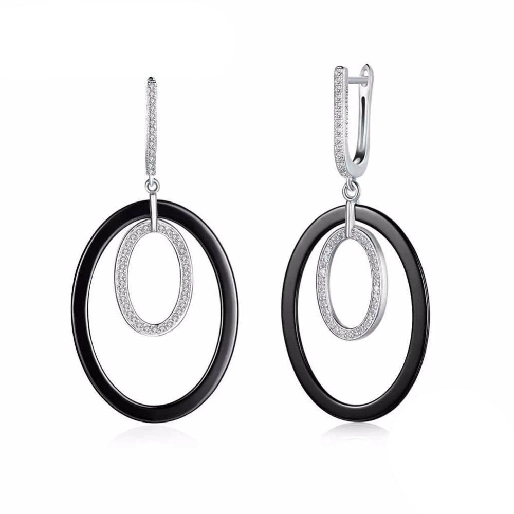 Women Sterling Silver 925 Drop Earrings Vintage Black Ellipse Ceramic With Micro-Inserted Zircon Eardrop Gift-Customized Jewel