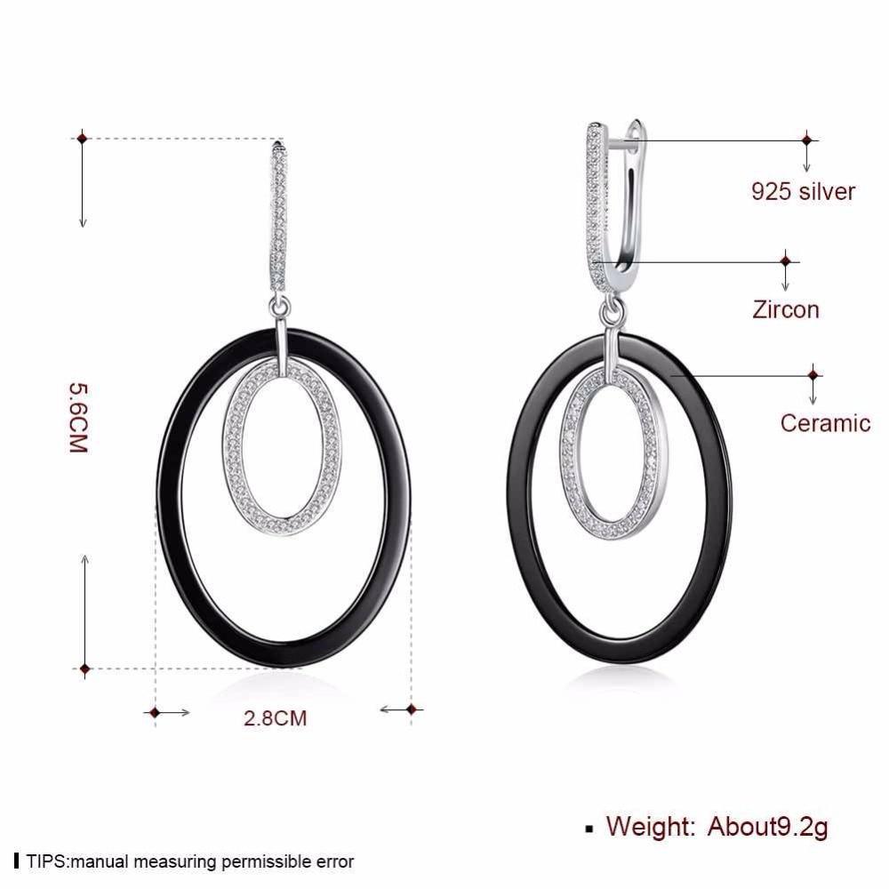 Women Sterling Silver 925 Drop Earrings Vintage Black Ellipse Ceramic With Micro-Inserted Zircon Eardrop Gift-Customized Jewel