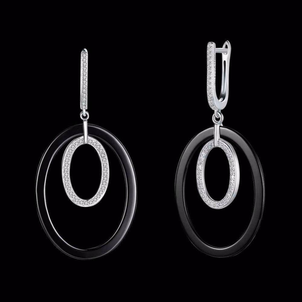 Women Sterling Silver 925 Drop Earrings Vintage Black Ellipse Ceramic With Micro-Inserted Zircon Eardrop Gift-Customized Jewel