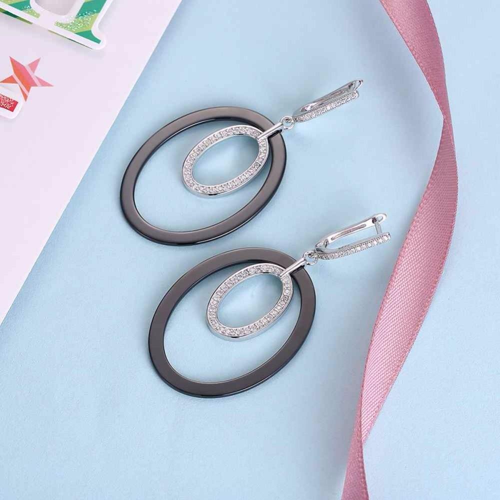 Women Sterling Silver 925 Drop Earrings Vintage Black Ellipse Ceramic With Micro-Inserted Zircon Eardrop Gift-Customized Jewel