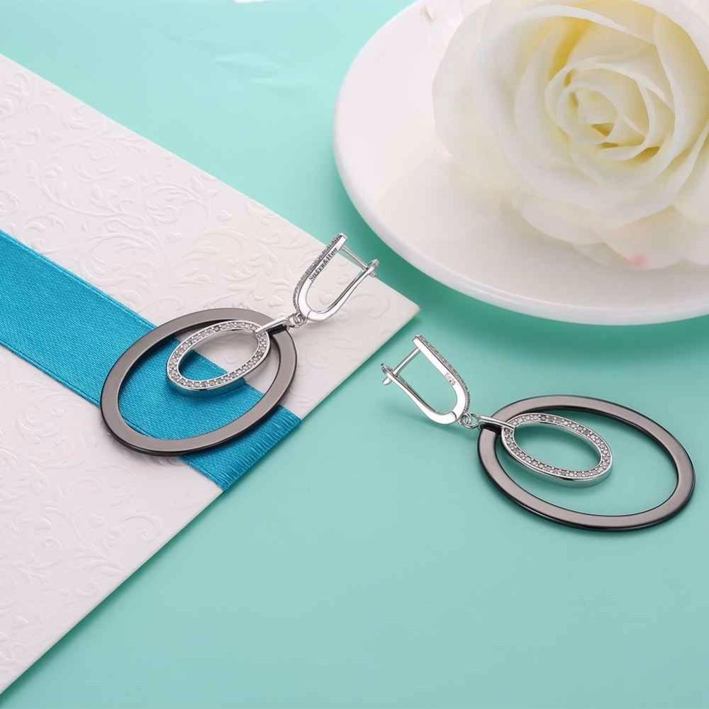 Women Sterling Silver 925 Drop Earrings Vintage Black Ellipse Ceramic With Micro-Inserted Zircon Eardrop Gift-Customized Jewel