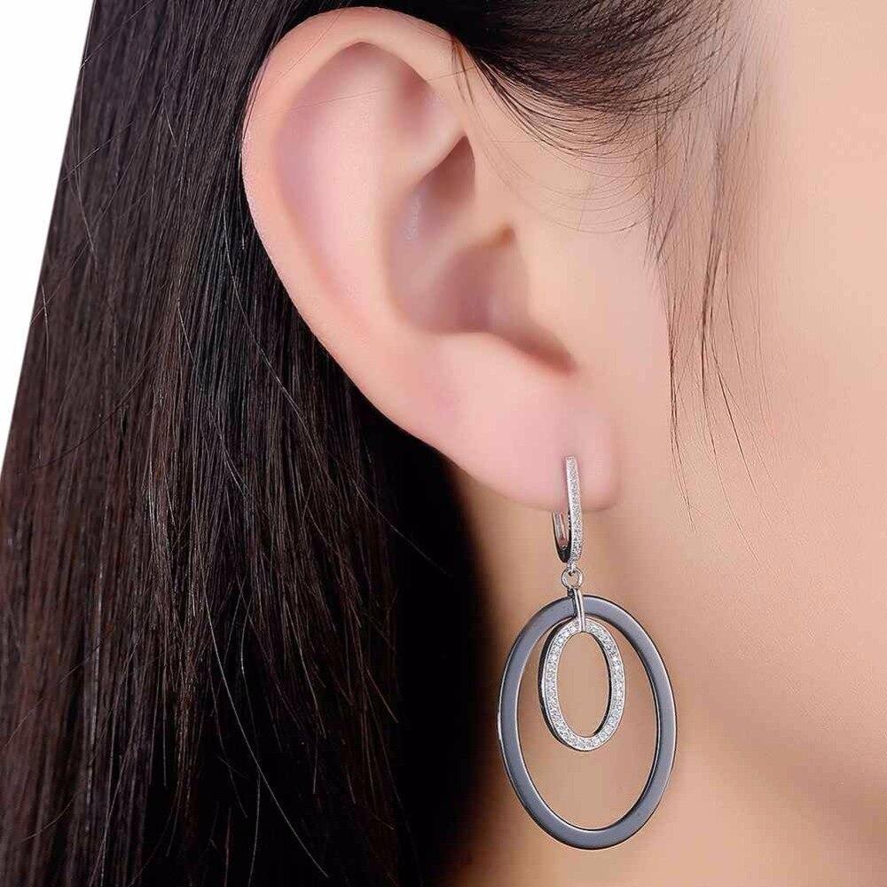 Women Sterling Silver 925 Drop Earrings Vintage Black Ellipse Ceramic With Micro-Inserted Zircon Eardrop Gift-Customized Jewel