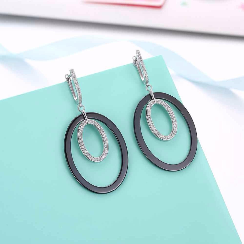 Women Sterling Silver 925 Drop Earrings Vintage Black Ellipse Ceramic With Micro-Inserted Zircon Eardrop Gift-Customized Jewel