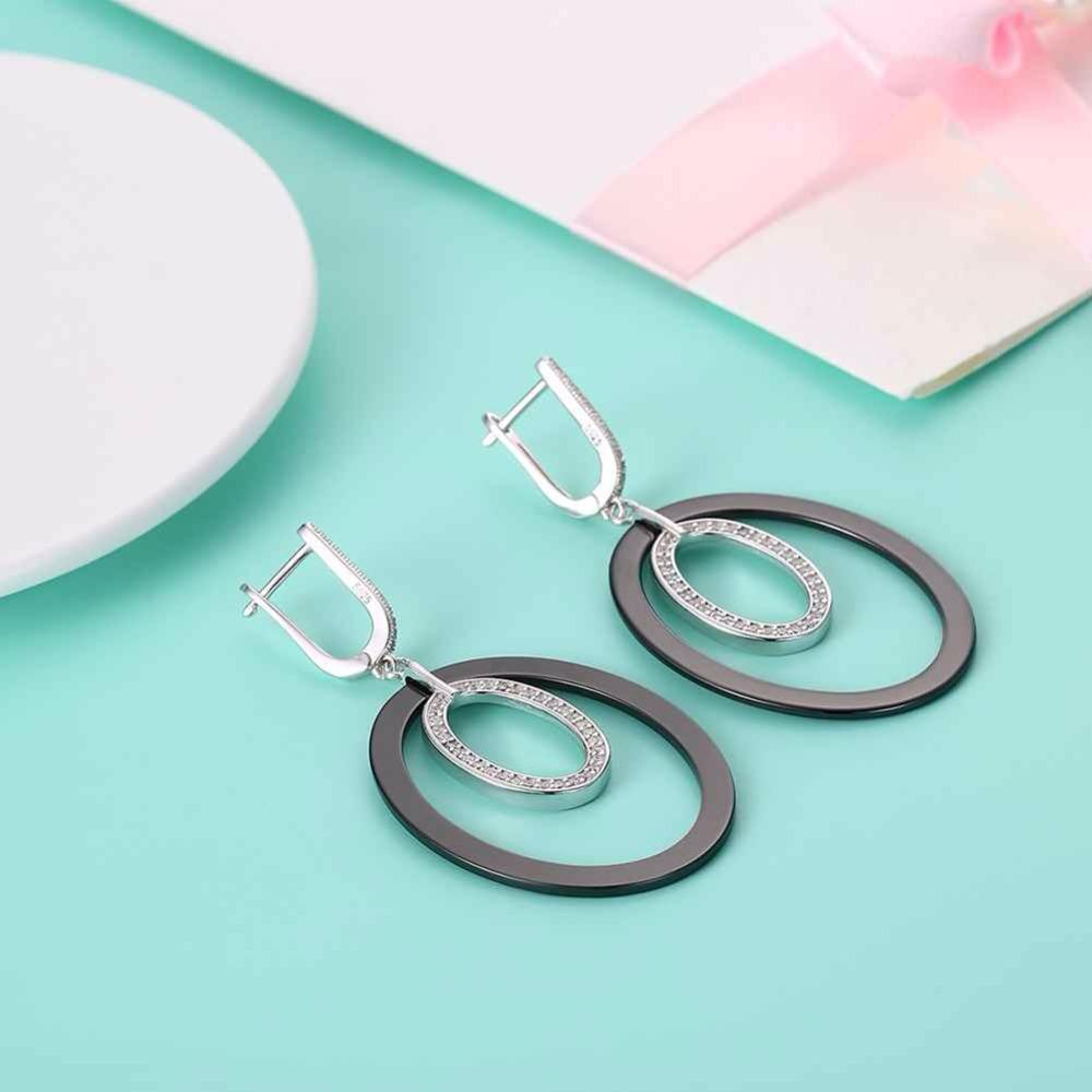 Women Sterling Silver 925 Drop Earrings Vintage Black Ellipse Ceramic With Micro-Inserted Zircon Eardrop Gift-Customized Jewel