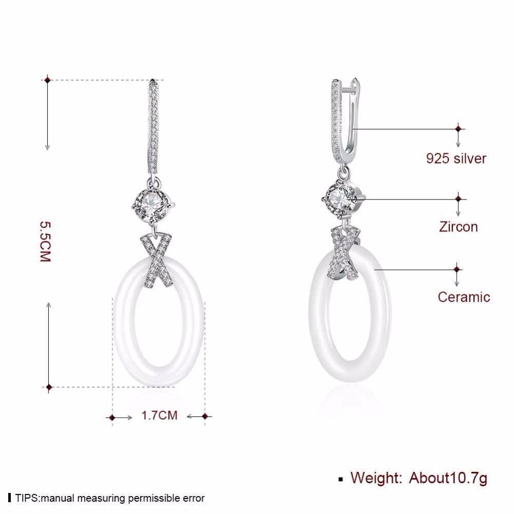 New Women Sterling Silver 925 Drop Earrings with White Ellipse Ceramic Zircon-Inserted Dangler Jewelry Gift-Customized Jewel