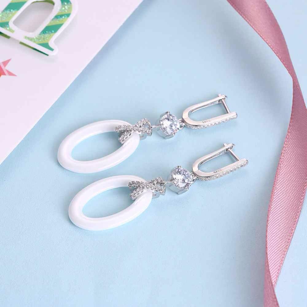 New Women Sterling Silver 925 Drop Earrings with White Ellipse Ceramic Zircon-Inserted Dangler Jewelry Gift-Customized Jewel