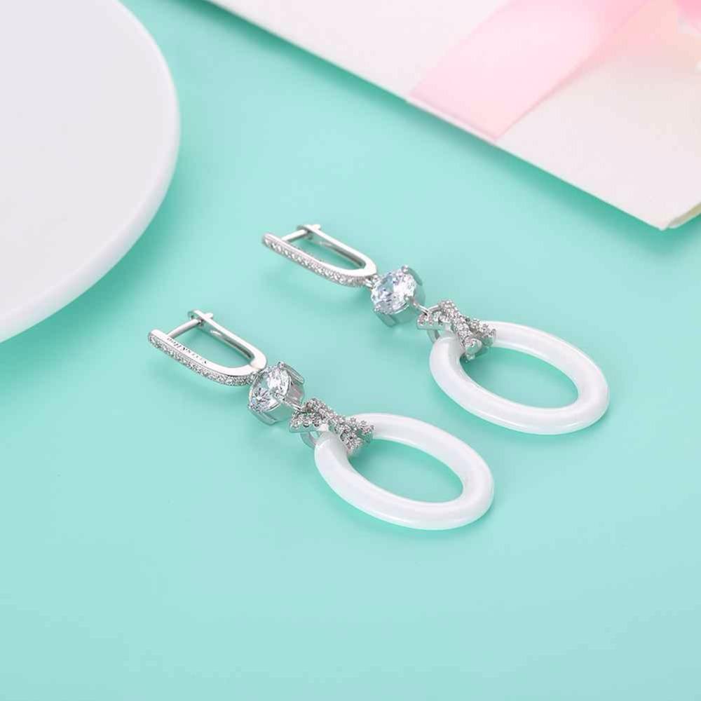 New Women Sterling Silver 925 Drop Earrings with White Ellipse Ceramic Zircon-Inserted Dangler Jewelry Gift-Customized Jewel