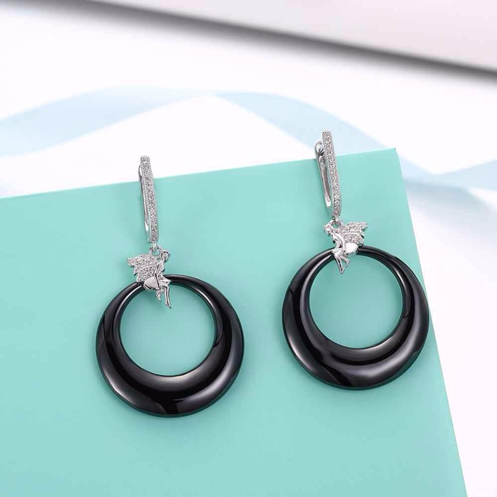 Women’s 925 Sterling Silver Drop Earrings with Angel Black Round Ceramic Dangler, Trendy Jewelry for Females-Customized Jewel