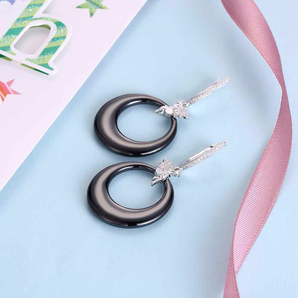 Women’s 925 Sterling Silver Drop Earrings with Angel Black Round Ceramic Dangler, Trendy Jewelry for Females-Customized Jewel