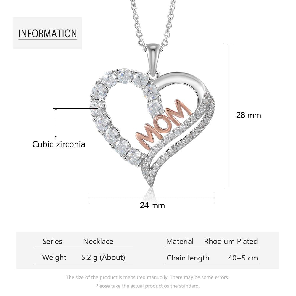 Silver Color Copper Necklace with Luxury Heart-Shaped CZ Paved Pendant, Fashion Jewelry Gift for Mother’s Day-Customized Jewel