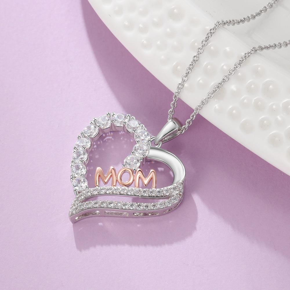Silver Color Copper Necklace with Luxury Heart-Shaped CZ Paved Pendant, Fashion Jewelry Gift for Mother’s Day-Customized Jewel