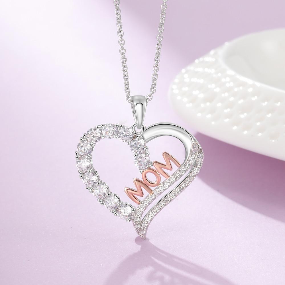Silver Color Copper Necklace with Luxury Heart-Shaped CZ Paved Pendant, Fashion Jewelry Gift for Mother’s Day-Customized Jewel