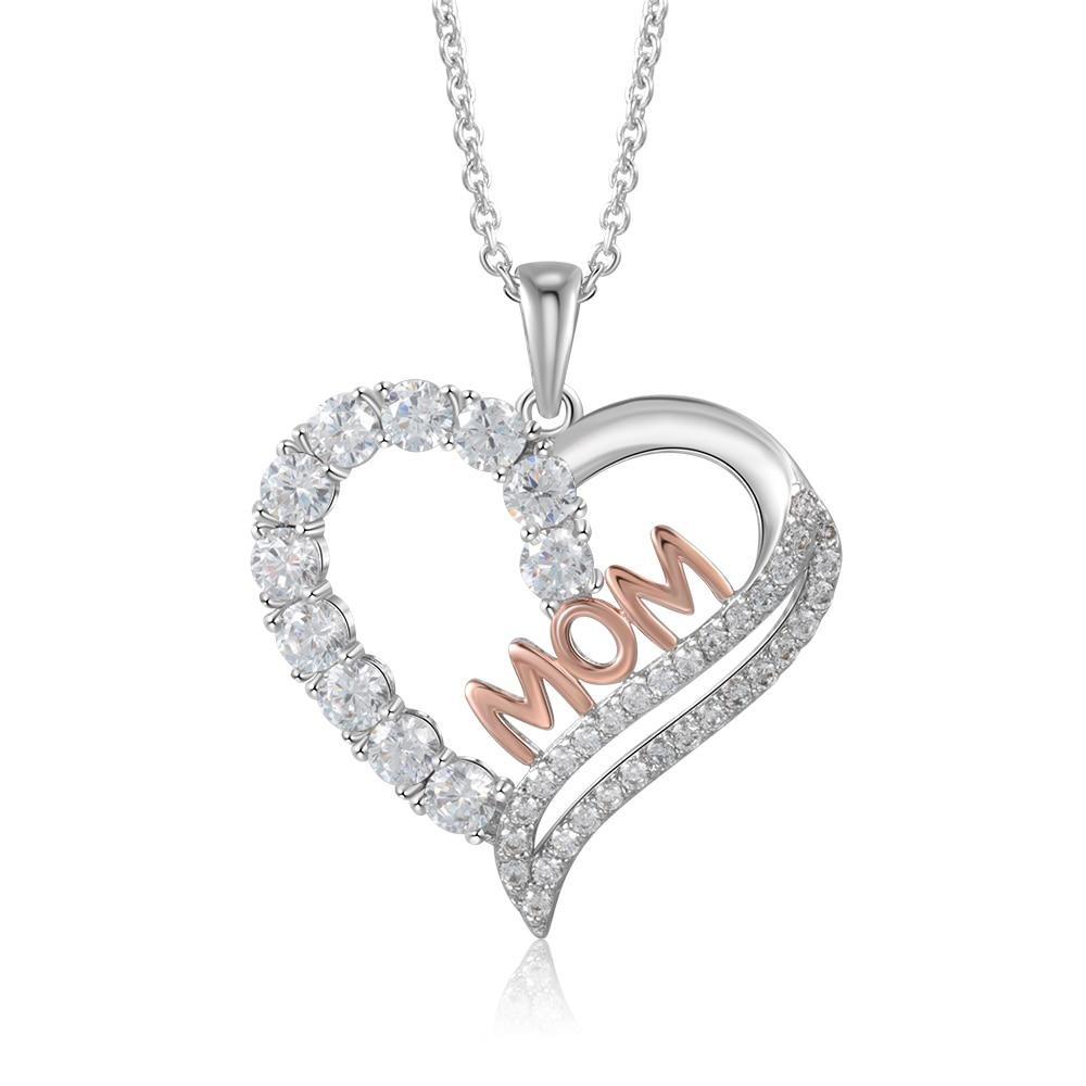 Silver Color Copper Necklace with Luxury Heart-Shaped CZ Paved Pendant, Fashion Jewelry Gift for Mother’s Day-Customized Jewel