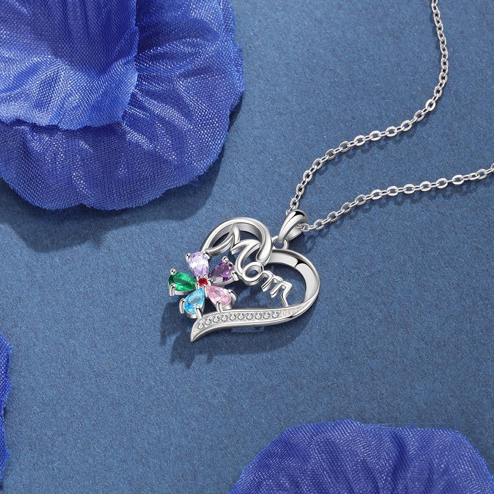 Personalized Women’s Copper Necklace with Customize Mom Heart-Shaped Flower Pendant, Add up to 5 Birthstones, Classic Fashion Jewelry for Mother-Customized Jewel