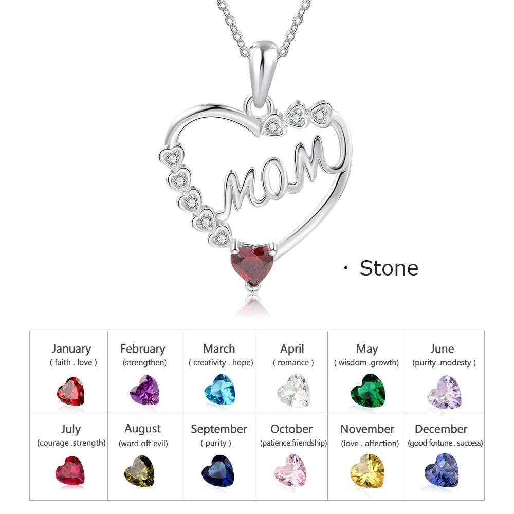 Personalized Heart Necklace with MOM Engraved & Custom Zirconia Birthstone Pendant, Jewelry gift Necklace for Mother-Customized Jewel