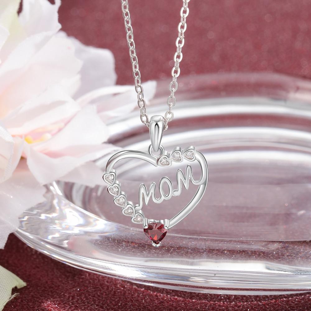 Personalized Heart Necklace with MOM Engraved & Custom Zirconia Birthstone Pendant, Jewelry gift Necklace for Mother-Customized Jewel