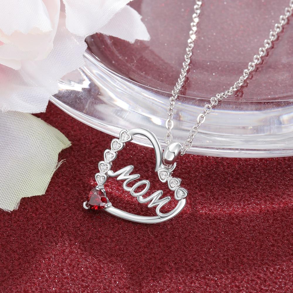 Personalized Heart Necklace with MOM Engraved & Custom Zirconia Birthstone Pendant, Jewelry gift Necklace for Mother-Customized Jewel