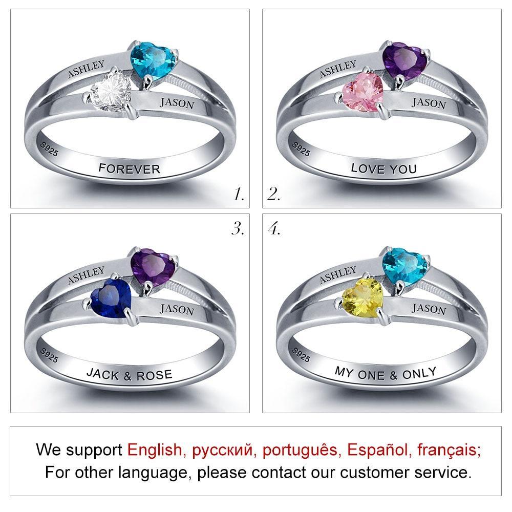 Personalized 925 Sterling Silver Rings for Women – Double Heart Birthstones – Customize Name – Unique Jewelry Gift-Customized Jewel