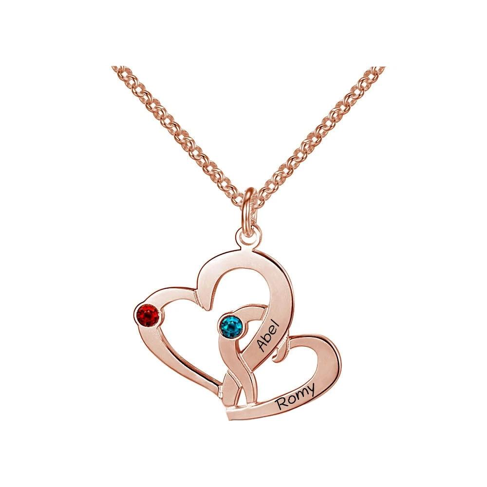 Romantic Name Engrave 925 Sterling Silver Double Heart Necklace Pendant Personalized Birthstone DIY Necklace-Customized Jewel