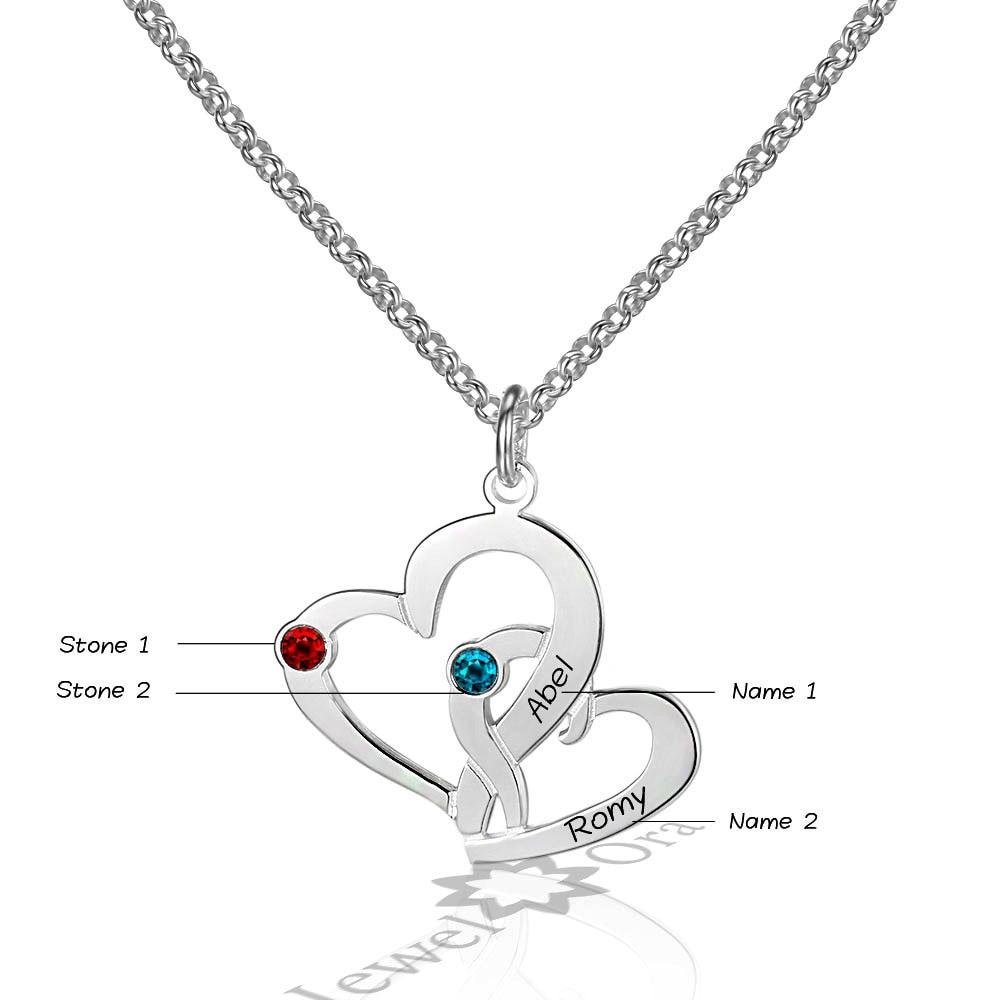 Romantic Name Engrave 925 Sterling Silver Double Heart Necklace Pendant Personalized Birthstone DIY Necklace-Customized Jewel
