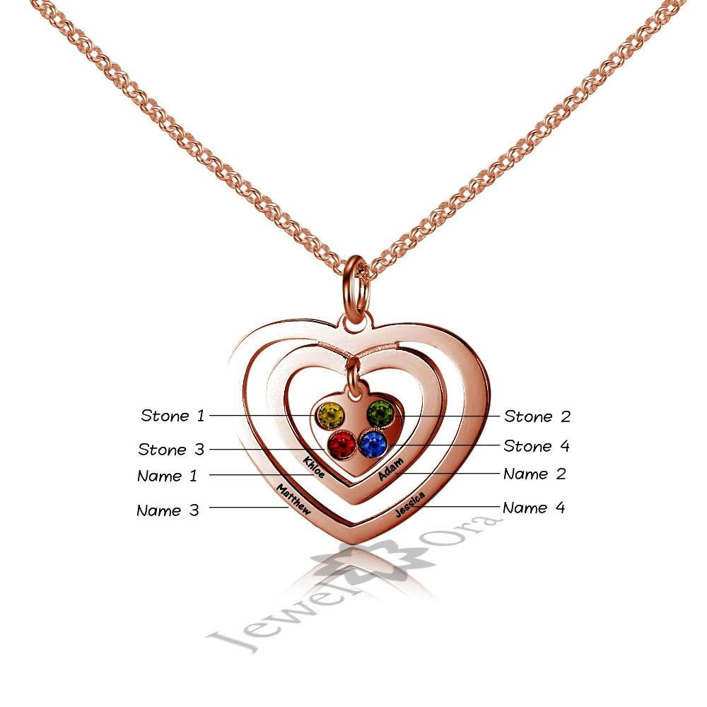 Personalized 925 Sterling Silver Hollow Heart Necklace, Four Name & Four Birthstone Engraved Heart Pendant, Jewelry Gift for Her-Customized Jewel