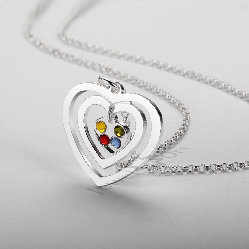 Personalized 925 Sterling Silver Hollow Heart Necklace, Four Name & Four Birthstone Engraved Heart Pendant, Jewelry Gift for Her-Customized Jewel