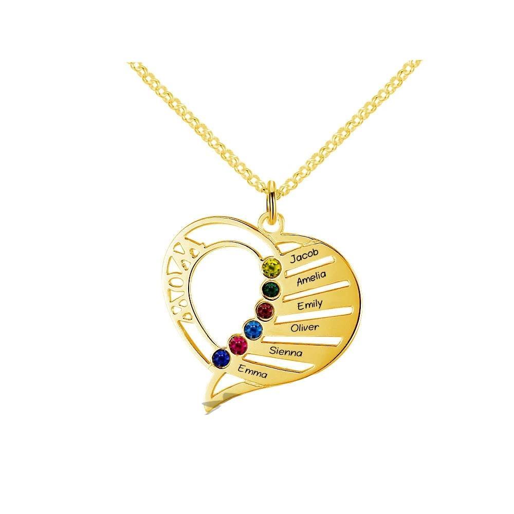 Personalized 925 Sterling Silver Heart Pendant Necklace, Engrave 6 Custom Names & Birthstones Necklace, Gift Jewelry for Friends & Family-Customized Jewel