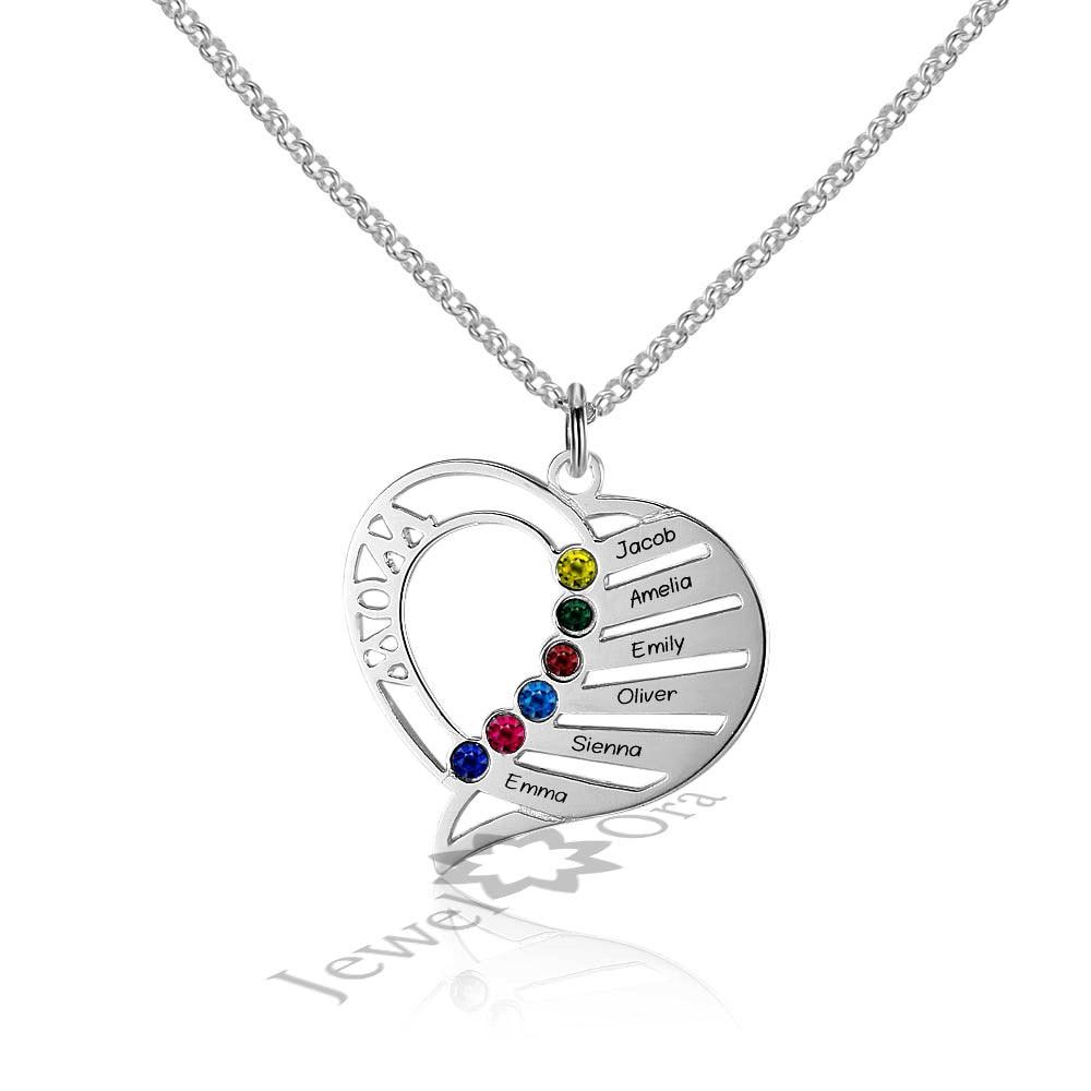 Personalized 925 Sterling Silver Heart Pendant Necklace, Engrave 6 Custom Names & Birthstones Necklace, Gift Jewelry for Friends & Family-Customized Jewel
