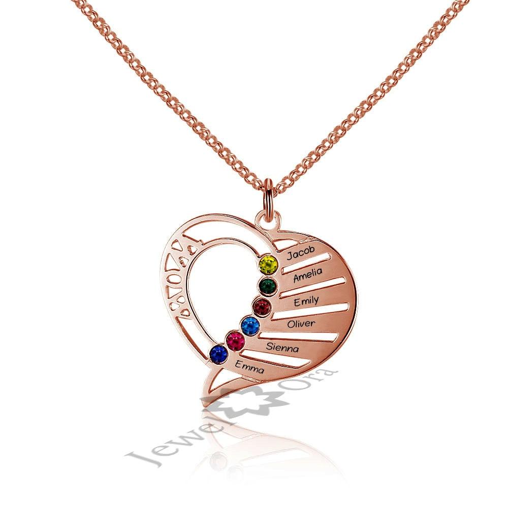 Personalized 925 Sterling Silver Heart Pendant Necklace, Engrave 6 Custom Names & Birthstones Necklace, Gift Jewelry for Friends & Family-Customized Jewel