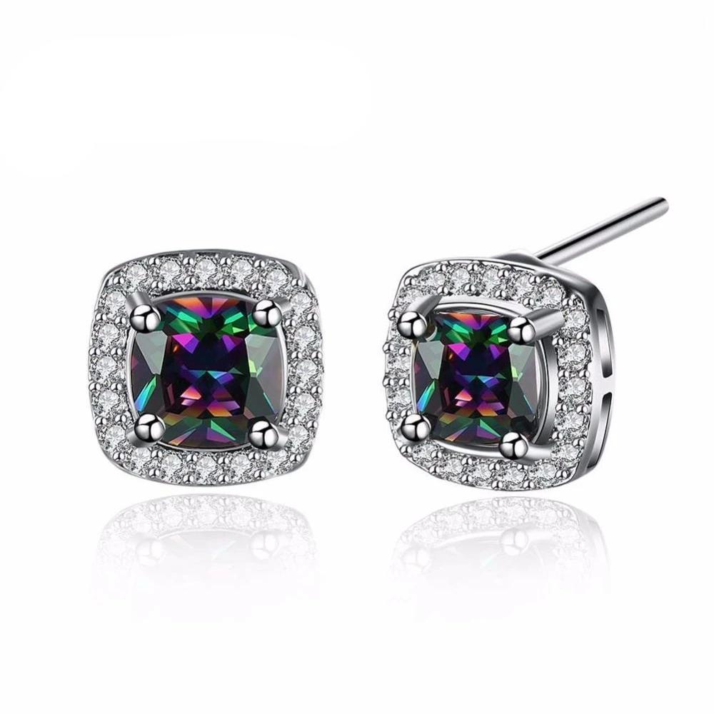 Women’s Stud Earrings with 9mm Colorful Inlaid Stone and Cubic Zirconia, Fashion Jewelry for Party-Customized Jewel