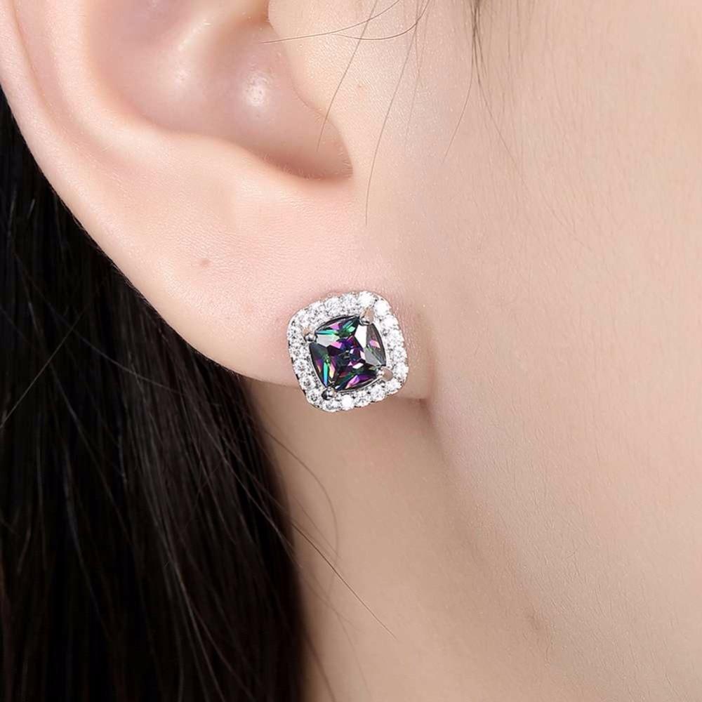 Women’s Stud Earrings with 9mm Colorful Inlaid Stone and Cubic Zirconia, Fashion Jewelry for Party-Customized Jewel