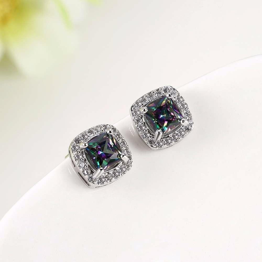 Women’s Stud Earrings with 9mm Colorful Inlaid Stone and Cubic Zirconia, Fashion Jewelry for Party-Customized Jewel