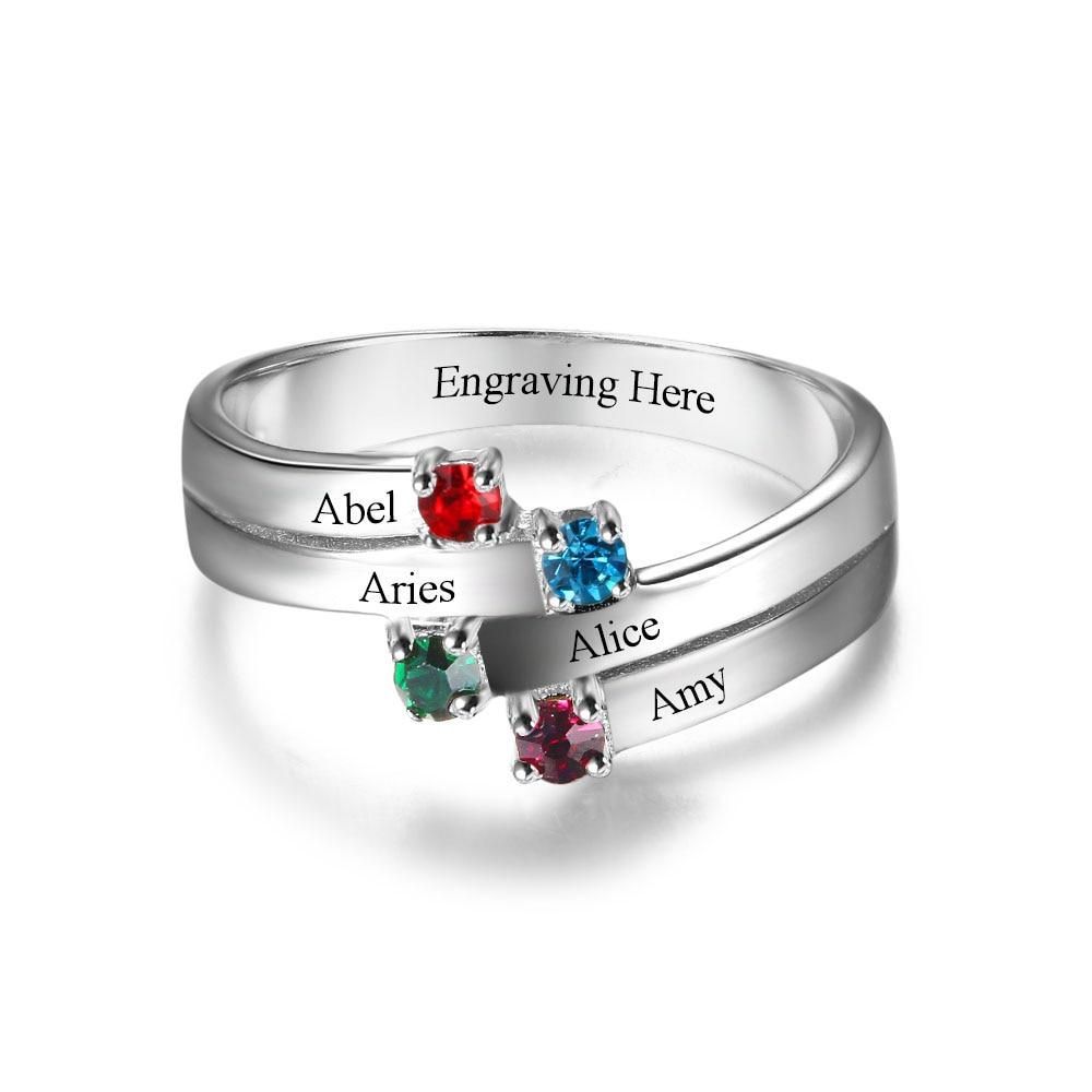 Anniversary Family Ring Engrave Names Custom 4 Birthstone Ring 925 Sterling Silver Commemoration Gift-Customized Jewel