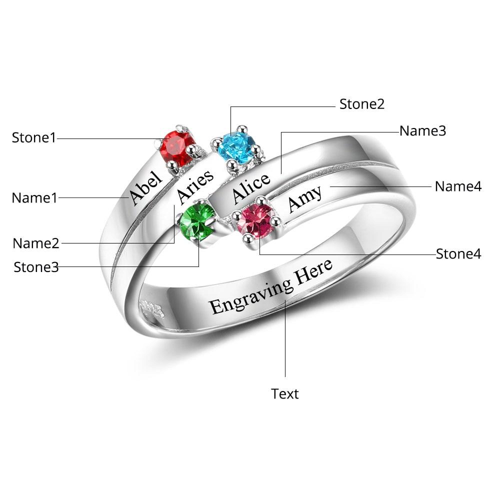 Anniversary Family Ring Engrave Names Custom 4 Birthstone Ring 925 Sterling Silver Commemoration Gift-Customized Jewel