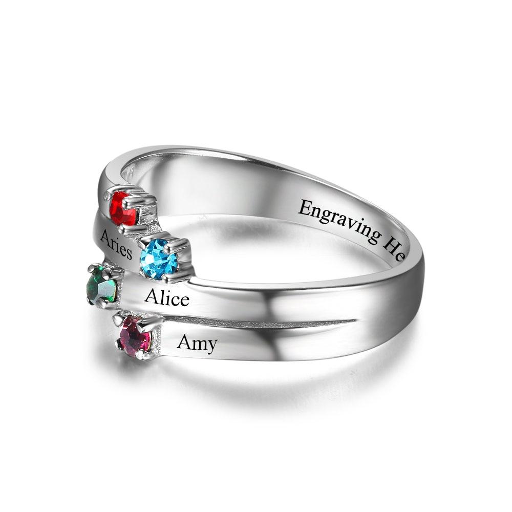 Anniversary Family Ring Engrave Names Custom 4 Birthstone Ring 925 Sterling Silver Commemoration Gift-Customized Jewel