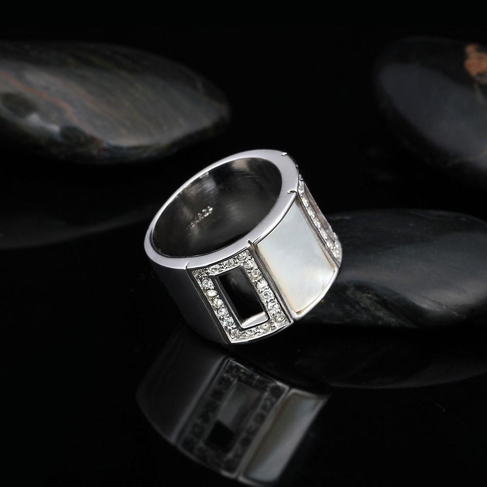 Simple Style Zinc Alloy Rhodium Plated Hollow Party Rings with Square Shell Stone – Trendy Jewelry for Women-Customized Jewel