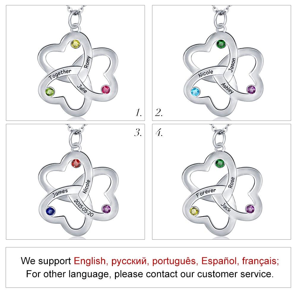 Personalized Women’s 925 Sterling Silver Name Necklace with Sweet Clover Hearts Pendant & CZ Birthstones, Trendy Fashion Jewelry for Ladies-Customized Jewel